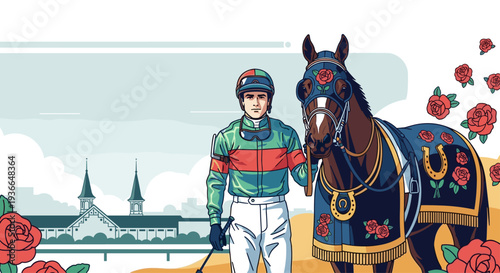 Jockey with Racing Horse at Racetrack Flat Vector Illustration