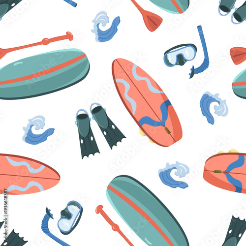 Vector seamless pattern of surfing equipment. Illustration with surfing boards, diving masks and fins.