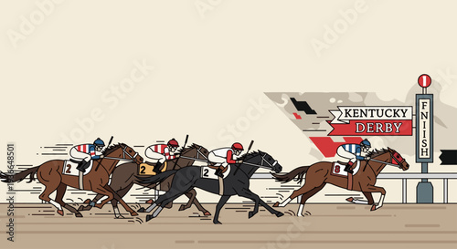 Horse Racing Competition with Jockeys Near Finish Line Vector Illustration