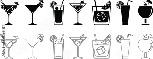 Cocktail and Summer Drink Vector Icons Set, Tropical Beverage Glass Silhouette Graphics