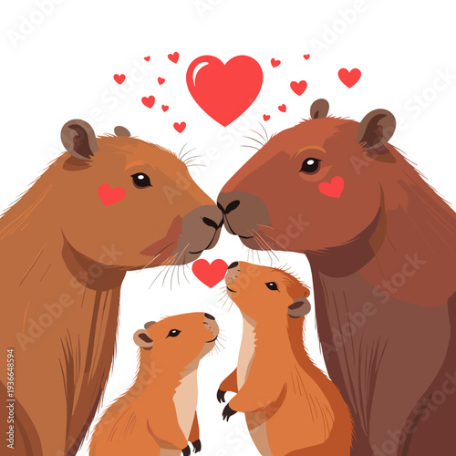 Two capybaras kissing with two baby capybaras in a cute love scene
