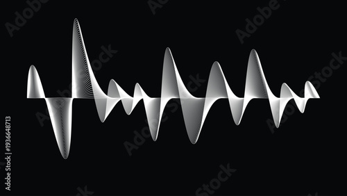 Dynamic White Sound Wave Audio Spectrum Visualization, Abstract Music Waveform Design Isolated on Dark Background, Modern Digital Technology Concept