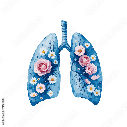 Artistic lungs decorated with flowers in vibrant colors on a white background