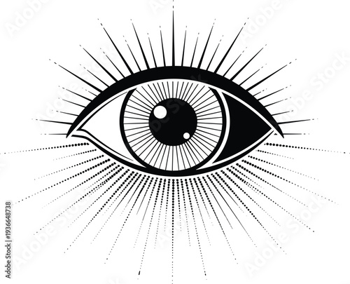 All seeing eye, mystical symbol, sacred geometry, spiritual vision, radiant rays, occult sign, divine eye, enlightenment symbol, geometric illustration