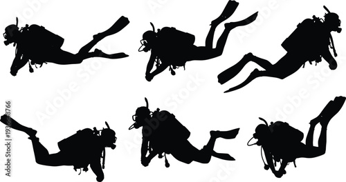 Vector illustration of stylized scuba diver silhouettes symbolizing adventure, exploration, sport, culture, tradition, and education
