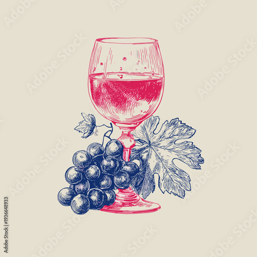 Wine glass with red wine and grapes on a beige background, artistic style