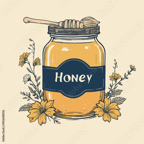 Honey jar with flowers and a dipper on a light background
