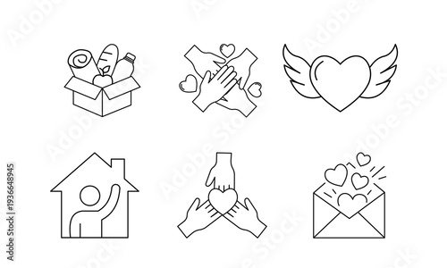 Charity, shelter, and humanitarian aid icon set. Concepts of food donation box, community hands, heart with wings of hope, social housing, and love letters in thin line style.