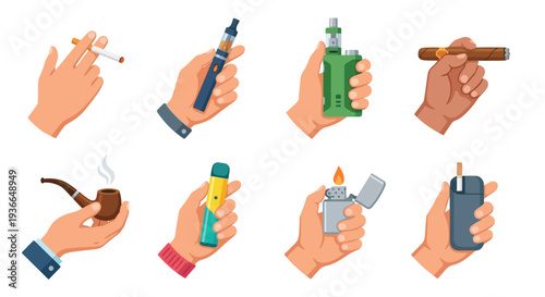 Various hands holding smoking devices and related accessories