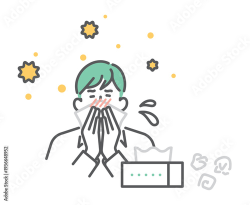 シンプル　イラスト　花粉症で鼻をかむ日本人男性のイメージ ベクターイラスト