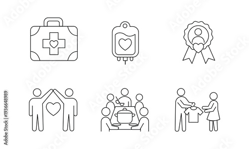 Charity, medical aid, and humanitarian relief icon set. Concepts of first aid kit, blood donation bag, volunteer recognition award, community food sharing, and clothing donation in thin line style.