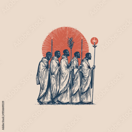 Monks in robes walking with torches and staff, serene atmosphere, red sun background