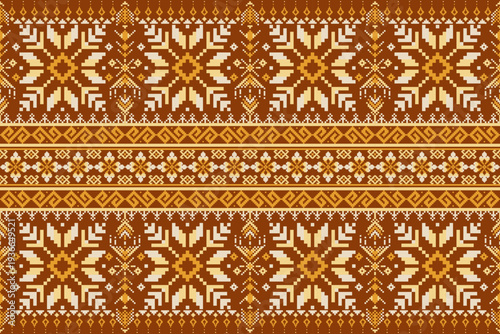 Pixel inspired ethnic woven pattern with geometric motifs in warm brown and cream tones. Ideal for textile printing, upholstery fabric, carpets, blankets, knitting design and industrial fabric product