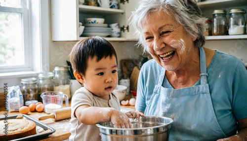 Heartwarming candid shot of a grandmother laughing joyfully while baking with her toddler grandson.