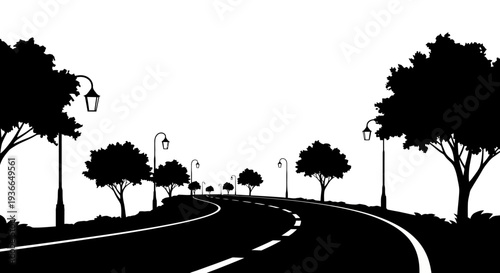 A winding road lined with silhouetted trees and street lamps
