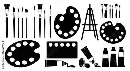 Black and white illustration of various art supplies and painting tools