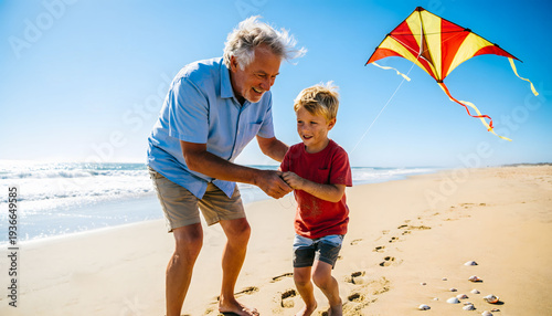 Grandfather and grandson flying a colorful kite together on a sunny beach day.