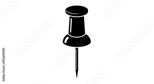 Simple black silhouette of a push pin on a white background