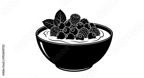 Black and white illustration of a bowl filled with berries and leaves