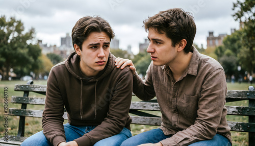 Two young male friends having a serious and supportive conversation on a park bench.