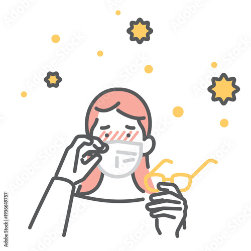 シンプル　イラスト　花粉症で目がかゆい日本人女性と花粉対策メガネのイメージ ベクターイラスト