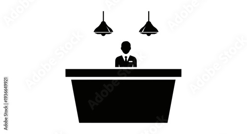 Minimalist silhouette of a person at a reception desk with overhead lights