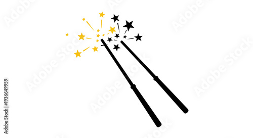 Two black magic wands emitting yellow and gold starbursts on white