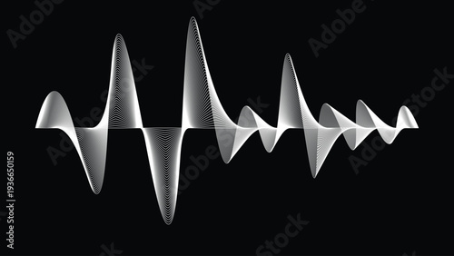 Dynamic White Sound Wave Audio Spectrum Visualization, Abstract Music Waveform Design Isolated on Dark Background, Modern Digital Technology Concept