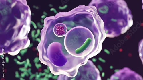 3D medical animation of a white blood cell engulfing and digesting a bacterium during phagocytosis, illustrating the human immune response and cellular defense against infection.