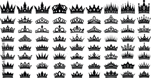 Large set of black crown silhouette icons, royal tiara collection for king and queen, luxury jewelry symbols isolated on white background