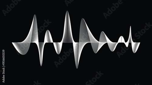 Dynamic White Sound Wave Audio Spectrum Visualization, Abstract Music Waveform Design Isolated on Dark Background, Modern Digital Technology Concept