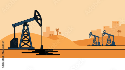 Industrial oil pump jacks in a desert landscape. Flat vector design representing global energy, fossil fuels, and oil industry.