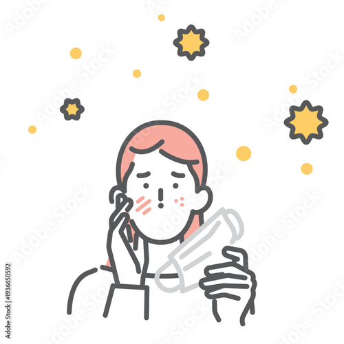 シンプル　イラスト　花粉症で肌荒れや湿疹が出る日本人女性のイメージ ベクターイラスト