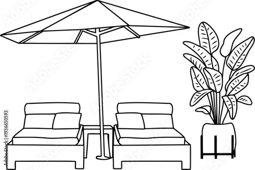 Patio lounge chairs line art vector illustration.