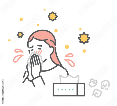 シンプル　イラスト　花粉症で鼻をかむ日本人女性のイメージ ベクターイラスト
