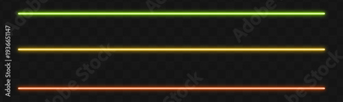 Three glowing neon lines in green, yellow and red on a dark checkered background. Futuristic laser beam light effect.