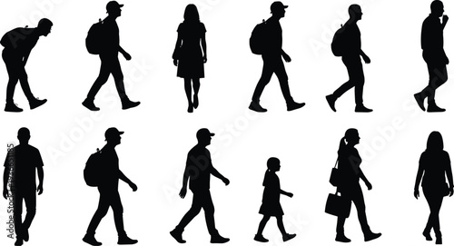 Walking people silhouettes, diverse figures with backpacks and handbags, pedestrian motion vector illustration, human design art, lifestyle concept sequence