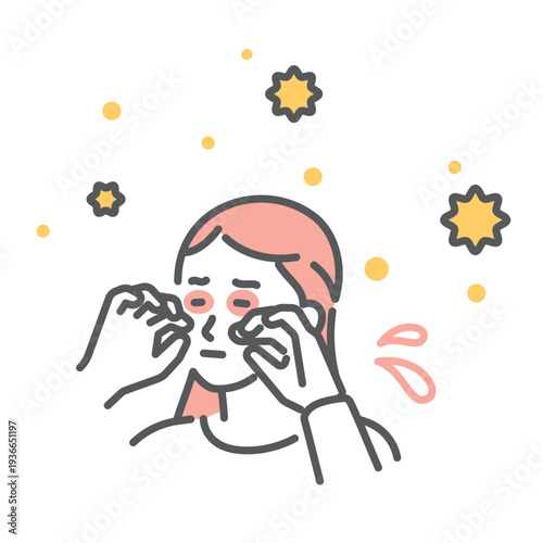 シンプル　イラスト　花粉症で目がかゆくて目をこする日本人女性のイメージ ベクターイラスト