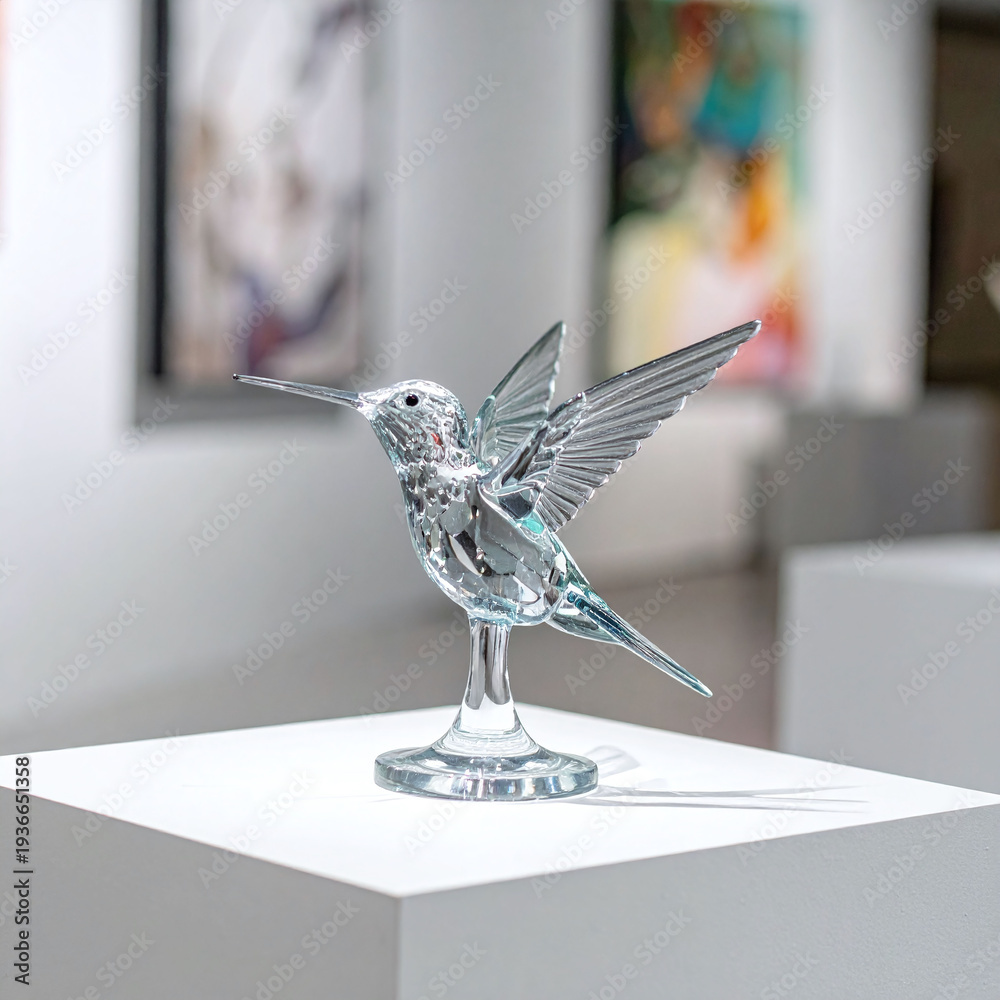 Fototapeta premium Elegant crystal hummingbird sculpture displayed on a white pedestal in a modern art gallery. Capturing light and grace, this glass bird represents fragile beauty, perfect for luxury branding.
