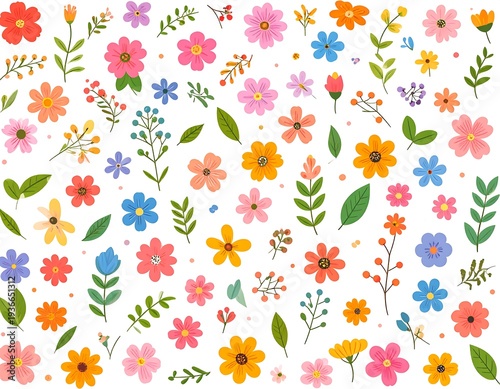 Assortment of vibrant, cartoon-style flowers and foliage on a white backdrop