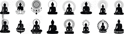 Buddha meditation silhouette icons set, Buddhist spiritual symbols collection, lotus mandala halo Buddha statue vector illustration for yoga mindfulness design
