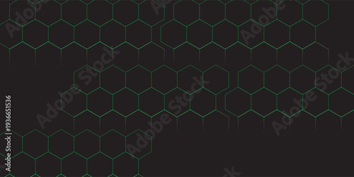 Simple black futuristic vector hexagons with green color of light.