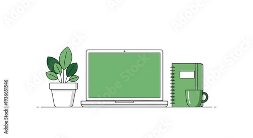 Green laptop workspace vector illustration