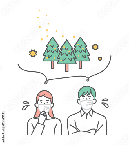 シンプル　イラスト　スギ花粉の飛散で花粉症の症状に悩む日本人男女のイメージ ベクターイラスト
