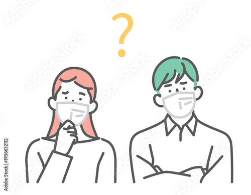 シンプル　イラスト　花粉症の症状に悩み原因が分からず疑問を持つ日本人男女のイメージ ベクターイラスト