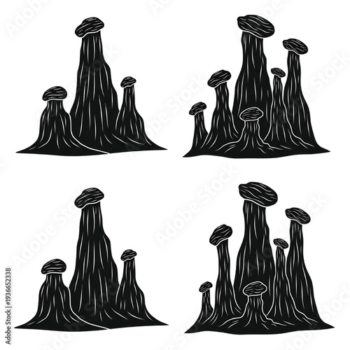 Four distinct black silhouette icons depict various hoodoo rock formations against a stark white background for geological study or design elements.