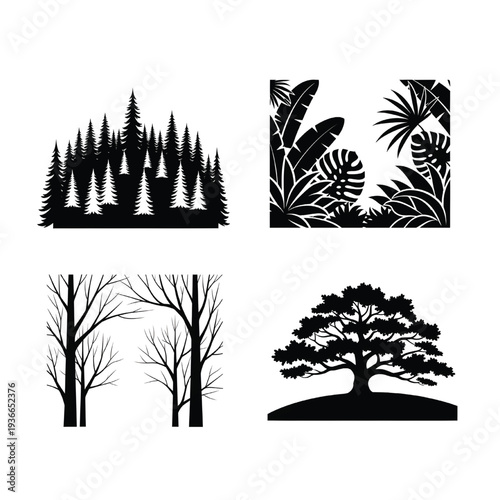 Four distinct tree and foliage groupings show evergreen forests, bare winter branches, tropical leaves, and a broad solitary oak tree.