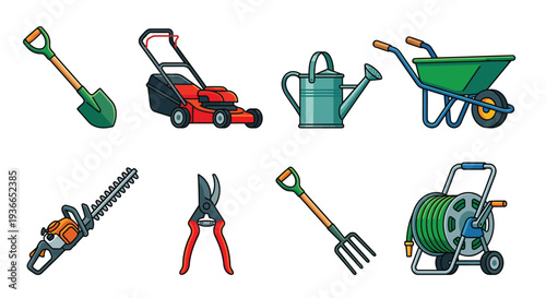 Colorful illustration of various gardening tools arranged on a white background