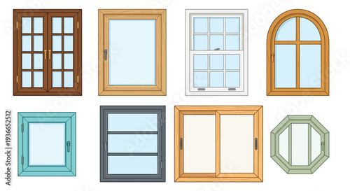 Collection of various window types in a simple illustrative style