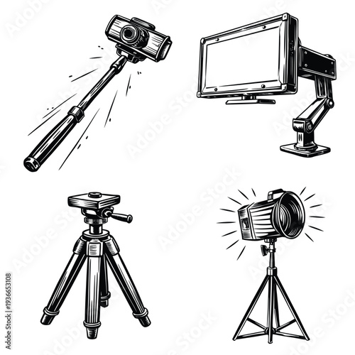 Vlogging and Studio Photography Gear Icons Vintage Sketch